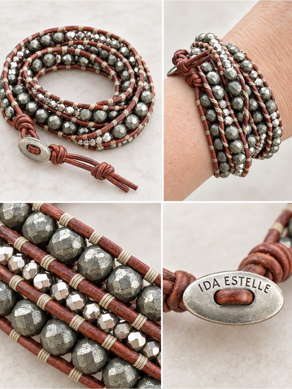IDA ESTELLE Leather Beaded Multi Wrap Bracelet Metallic Boho Statement